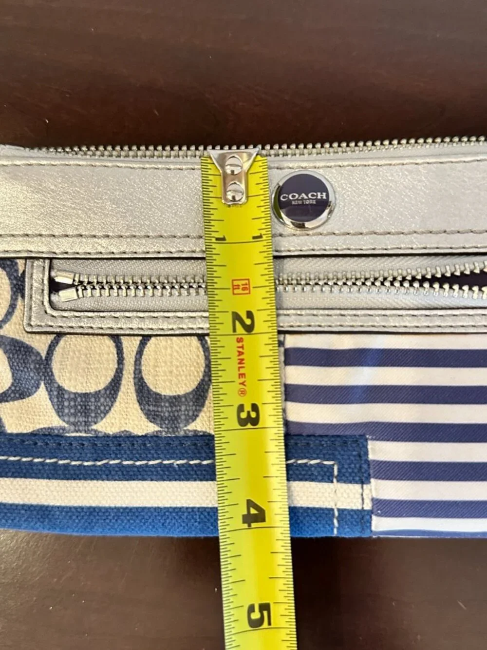 Coach Metallic Silver Leather/Canvas Patchwork Zip Wallet Wristlet Blue White
